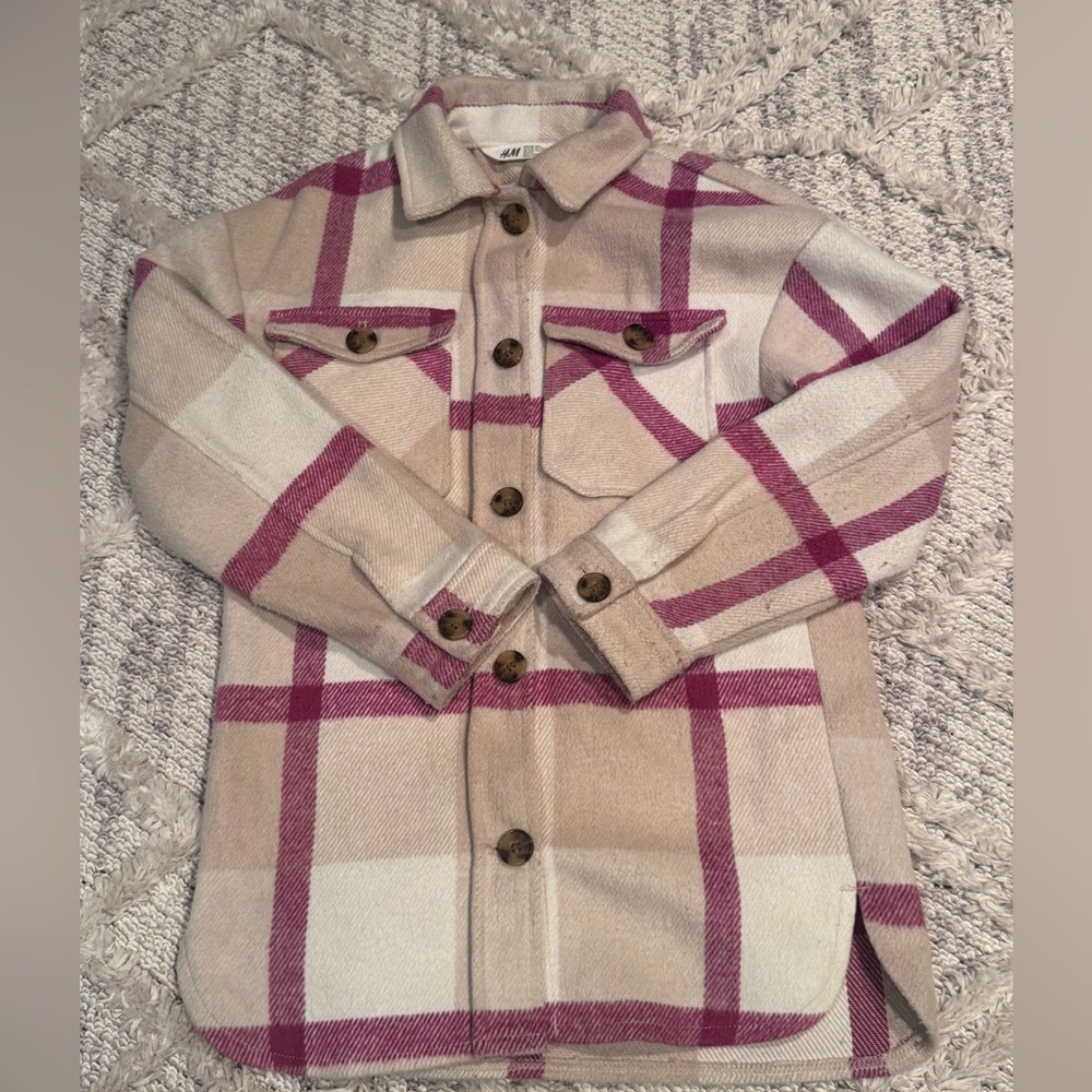 H&M Beige and Pink Plaid Button-Front Kids Jacket size 8